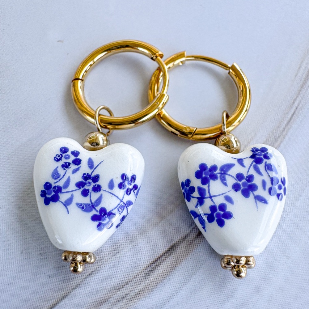 Gold and White Floral Heart Ceramic Earrings
